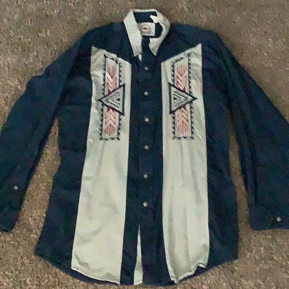 Mid Western Garments Medium Blue Beige Aztek Western Shirt - Picture 2 of 7